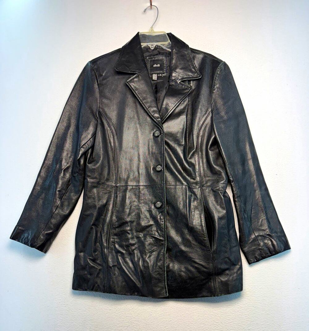 JLC New York Outerwear Women's Black Button Front Leather Mid-Length Jacket L